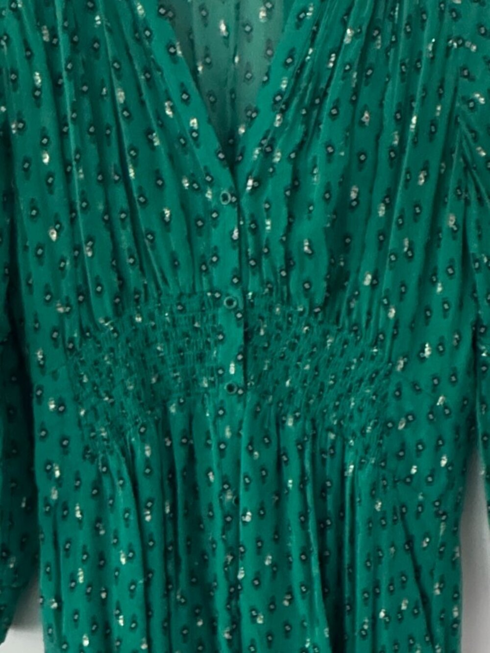ba&sh Cyana Metallic Dot Smocked Midi Dress - Green, Like New - Picture 5 of 9